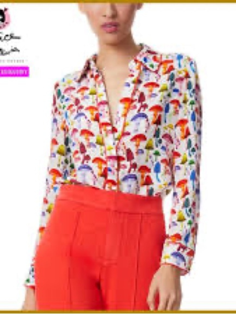 Alice + Olivia Silk Blend Button-Down Blouse with Multicolor Mushroom Print